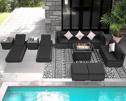 NICESOUL 13 Piece Outside Patio Set with Firepit Table, Luxury Full Size Outdoor Sectional Sofas with Pool Loungers, Oversized 29.3" Highback Wide Deep Backyard Fire Pit Seating for 10, Dark Grey