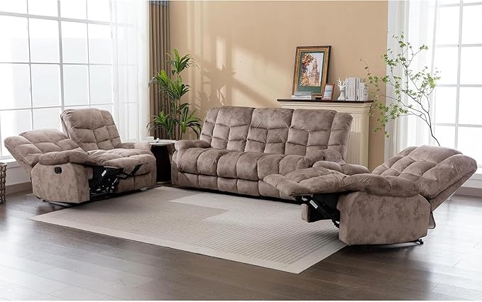 EBELLO Reclining Living Room Set, Includes One Seat Manual Recliner, Loveseat Recliner Sofa and 3PC Bonded Manual Sofa Couch, Brown