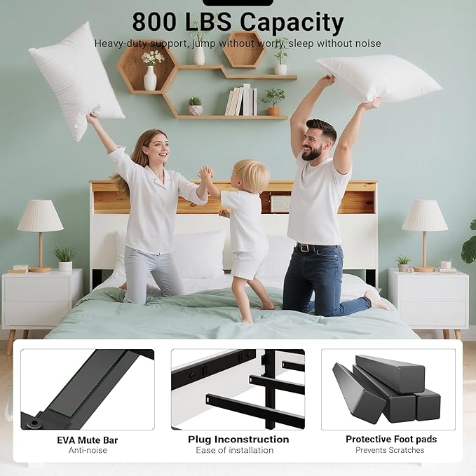 Queen Bed Frame, Wood Platform Bed Frame with Storage Headboard, Charging Station, Modern Bedframe Queen Size, 800lbs Capacity, Metal Slat Support, Noise-Free, No Box Spring Needed, White