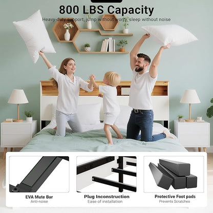 King Bed Frame, Wood Platform Bed Frame with Storage Headboard, Charging Station, Modern Bedframe King Size, 800lbs Capacity, Metal Slat Support, Noise-Free, No Box Spring Needed, White