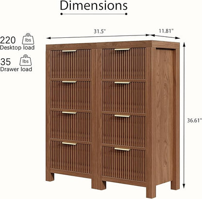 Modern 8-Drawer Solid Wood Dresser with Fluted Front & Gold Handles, Multifunctional Tall Storage Chest, for Hallway, Entryway, Walnut X2