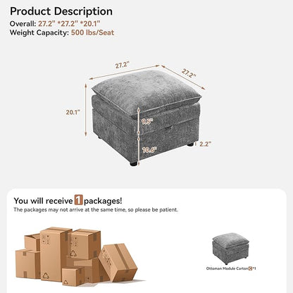 27" Large Square Ottoman with Storage, Modern Upholstered Footrest with Anti-Slip Legs for Couch Coffee Table Living Room, Bedroom, Entryway, Chenille Light Grey