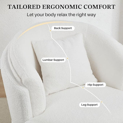 Swivel Accent Chair, 360 Degree Round Swivel Barrel Chair with Pillow, Widened Upholstered Boucle Chair Comfy Sherpa Barrel Armchair for Living Room Bedroom Reading Room, White