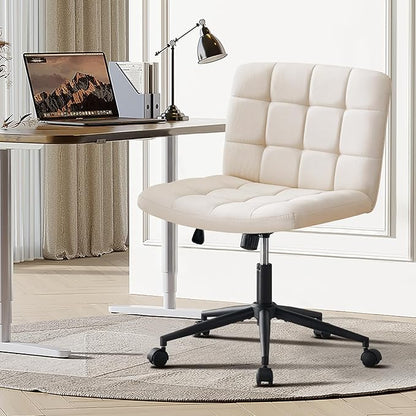 Furnimart Swivel Criss Cross Legged Chair with Wheels for Home Office, Wide Armless Desk Chair Height Adjustable Comfy Seat for Desk,Vanity, Bedroom, Beige