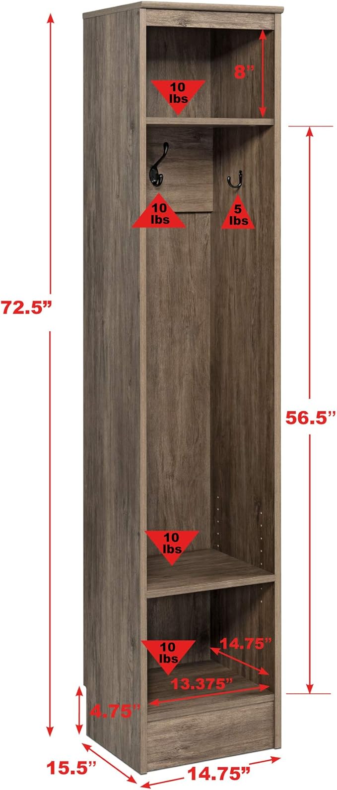 Prepac Narrow Coat Rack Freestanding Hall Tree with 3 Hooks, Entryway Furniture for Coat and Shoe Storage, Entryway Organization with an Adjustable Shelf, 14.75"W x 72.5"H x 15.5"D, Drifted Gray