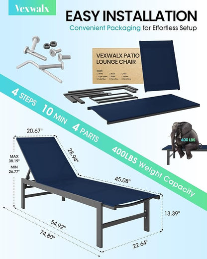 Outdoor Lounge Chairs for Pool, Aluminum Chaise Lounge Chairs with 5-Position Recliner, Patio Lounge Chair for Backyard, Poolside, Deck, Lawn, Navy Blue