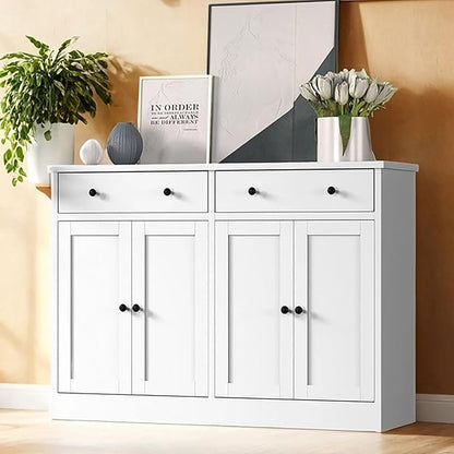 49" White Buffet Cabinet with Doors & Drawers, Modern Kitchen Storage Sideboard, Coffee Bar Console for Dining Room, Living Room, Entryway