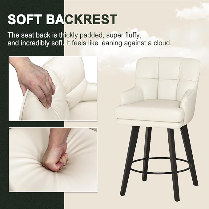 360°Swivel Counter Height Bar Stools with Back, 26 inch Solid Wood Legs, Bar Stool Modern Kitchen Island Chairs, Faux Leather (Beige- Faux Leather, 26" H- Set of 2)