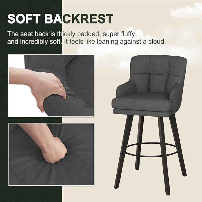 360°Swivel Counter Height Bar Stools with Back, 30 inch Solid Wood Legs, Bar Stool Modern Kitchen Island Chairs, Fabric (Black Grey- Fabric, 30" H- Set of 2)