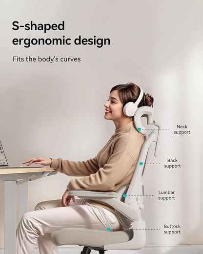 Hbada P1 Ergonomic Office Chair with 2D Lumbar Support & Adjustable Headrest - Heavy Duty 300lbs Capacity, 102° Reclining, Foldable Arms, Thick Cushion - Perfect for Home Office Chair, White
