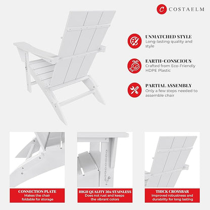 Costaelm Folding Adirondack Chairs, Outdoor Patio Adjustable Lawn Chairs, Weather Resistant Outside Firepit Chairs for Porch, Poolside, Garden, Backyard Deck, White