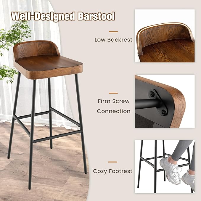 COSTWAY Bar Stool Set of 2, 29'' Industrial Pub Stool with Low Backrest and Footrest, Metal Legs, Breakfast Counter Height Chair for Island Living Room Kitchen Bar, Rustic Brown & Black