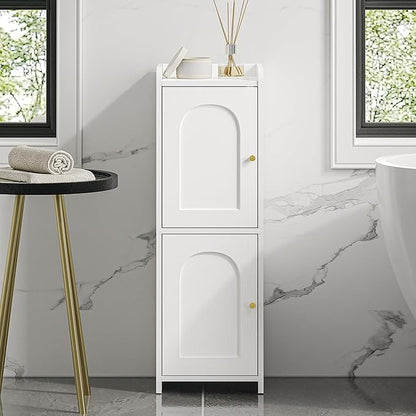 Bathroom Storage Cabinet, Corner Floor Cabinet with 2 Doors and Adjustable Shelf, Narrow Toilet Paper Cabinets, Bathroom Organizer for Small Spaces, 7.9" D x 9.8" W x 29.5" H White