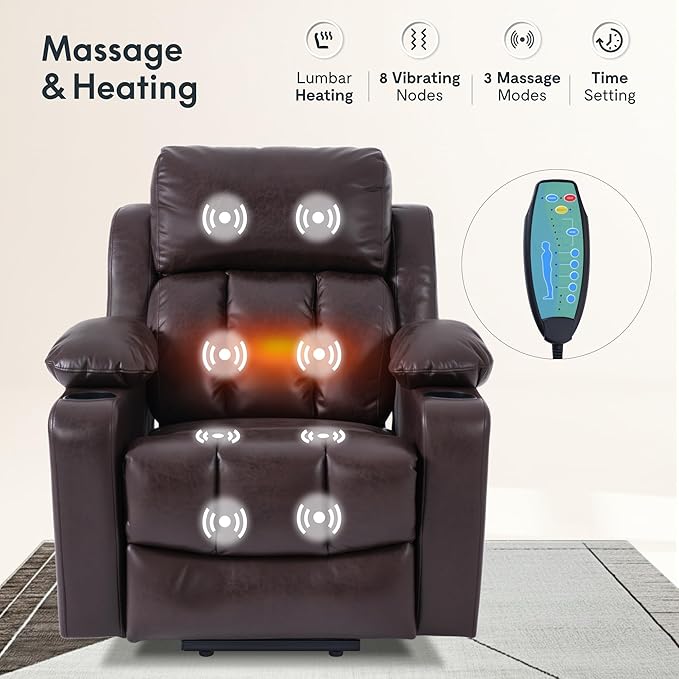 FLEXISPOT XL31-L Power Lift Recliner Chair for Elderly, Electric Lift Chair with Massage & Heat, PU Leather Reclining Sofa with Cup Holders, Side Pockets for Living Room Bedroom(Large Size, Pecan)