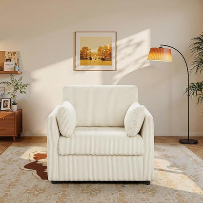 Modern Corduroy Accent Chairs, 38" W Comfy Armchair with Soft Pillows and Side Pockets, Single Reading Chairs for Living Room, Bedroom, Apartment, Beige