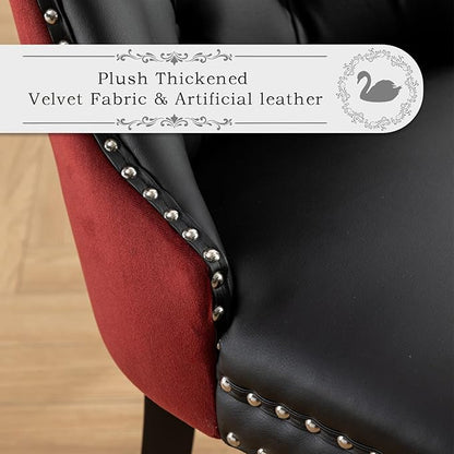 Leather Upholstered Dining Chairs Set of 4, Modern Style Kitchen Side Chairs with Nailhead Trim and Wood Leg, Metal Pulling Ring for Dining Room Living Room(Black&Wine Red)
