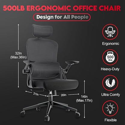 Ergonomic Office Chair - 400LB Comfy Desk Chairs with Adjustable Headrest and Lumbar Back Support, Mesh Computer Chairs with Wheels and Arms for Home Office, Study, Bedroom and Dorm (01black)