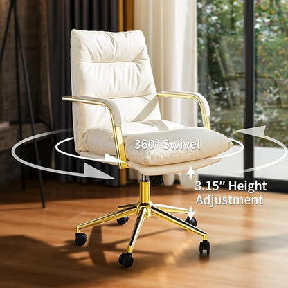Leather Home Office Desk Chair, Executive Comfy Desk Chair with Support Armrests, Swivel Wheels, Height Adjustable, Mid Back, 360 Swivel, Computer Chair for Office Room, White