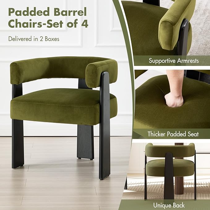 Modern Dining Chairs Set of 4, Upholstered Velvet Barrel Accent Chairs with Backrest & Arms, Wide and Thicker Padded Kitchen Side Chair with Wooden Legs for Dining Room, Livingroom, Dark Green