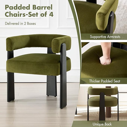 Modern Dining Chairs Set of 4, Upholstered Velvet Barrel Accent Chairs with Backrest & Arms, Wide and Thicker Padded Kitchen Side Chair with Wooden Legs for Dining Room, Livingroom, Dark Green