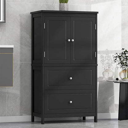 Polibi 43.3" H Storage Cabinet with 2 Doors, 2 Drawers, Adjustable Shelf, Wooden Linen Cabinet for Bathroom, Office, Kitchen, Black