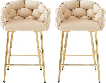 Christopher Knight Home Barrel Counter Stools,Velvet Counter Height Barstools, Modern Luxury Makeup Stool Upholstered Chairs with Gold Legs(Set of 2),Beige