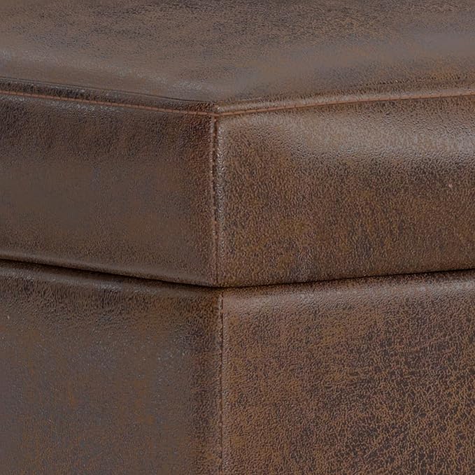 SIMPLIHOME Shiloh 26 inch Wide Transitional Contemporary Small Storage Ottoman in Distressed Chestnut Brown Vegan Faux Leather, Assembled, for The Living Room, Entryway and Family Room
