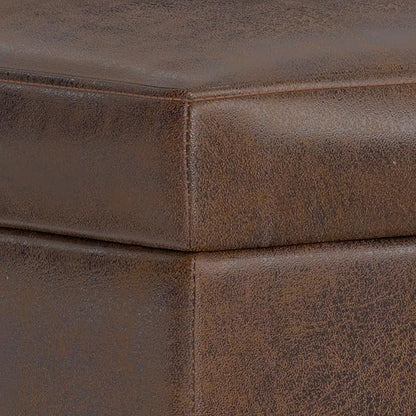 SIMPLIHOME Shiloh 26 inch Wide Transitional Contemporary Small Storage Ottoman in Distressed Chestnut Brown Vegan Faux Leather, Assembled, for The Living Room, Entryway and Family Room