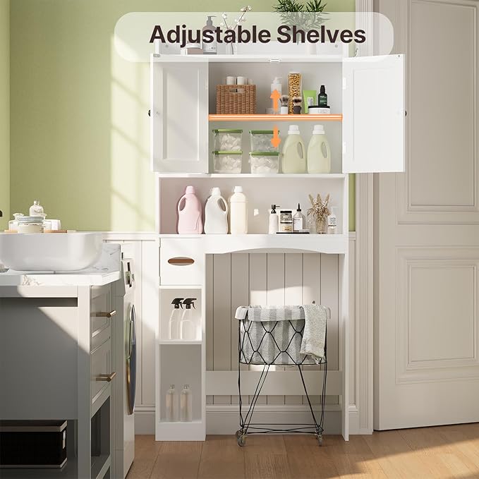 Gizoon Over The Toilet Storage Cabinet, 66''H Over Toilet Bathroom Organizer, Over Toilet Storage Cabinet with 2 Doors, Paper Holder and Racks, Adjustable Shelf, for Bathroom, Laundry, White