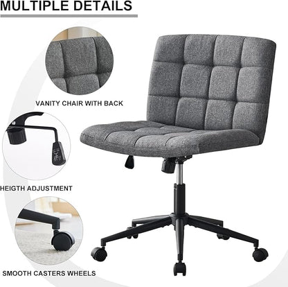 Furnimart Criss Cross Desk Char Wide Seat with Wheels, 360° Swivel Cross Legged Desk Chair Thick Cushion, Comfy Armless Home Office Chair for Bedroom, Vanity, Sturdy (Linen Gray)
