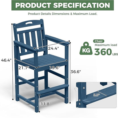 HDPE Outdoor Patio Tall Bar Chair, All-Weather Bar Height Balcony Adirondack Stools for Bistro, Garden, Backyard, Deck | Navy Blue