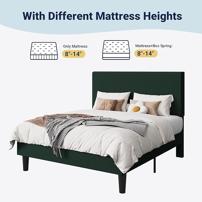 Allewie Full Size Upholstered Bed Frame with Vertical Channel Tufted Headboard, Soft Corduroy Fabric Platform Bed, Strong Wooden Slats Support, Easy Assembly, No Box Spring Needed, Dark Green