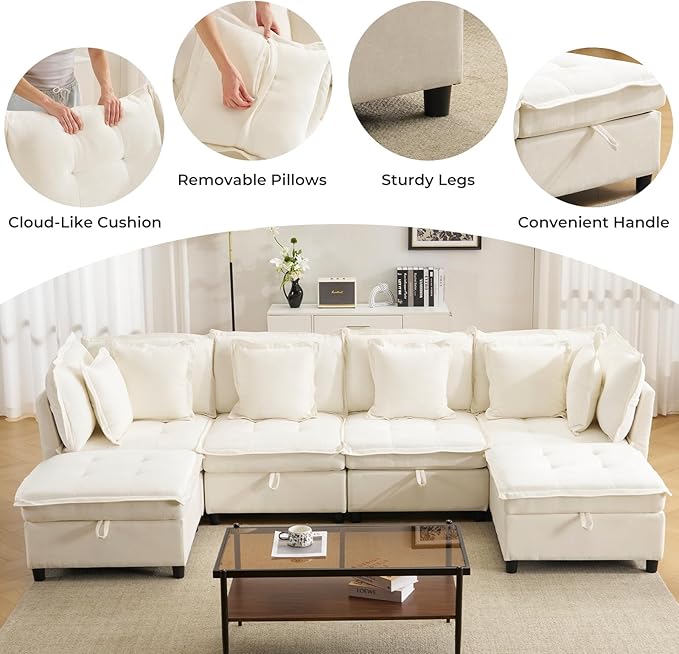 133" Modular Sectional Sofa, Comfy Cloud Couch Sectional Sofa with Large Storage, Chenille Sofa Sleeper Deep Seat Sofa with Throw Pillows for Living Room, U Shaped Sofa, White