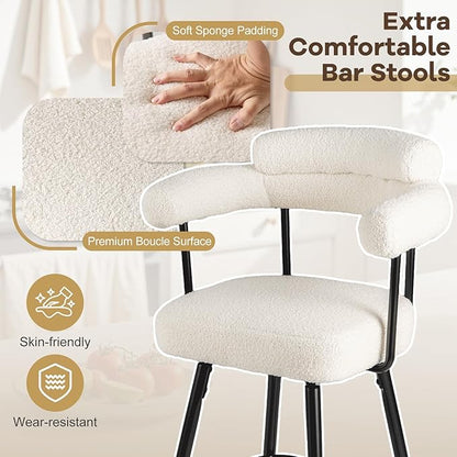 COSTWAY Counter Height Bar Stools Set of 4, 27" Swivel Modern Upholstered Counter Chairs with Boucle Fabric, Curved Backrests & Metal Legs, for Kitchen Island, Home, Pub (4, White + Black)