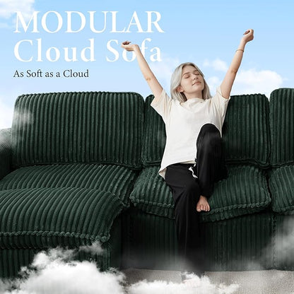 110'' Boneless Modular Cloud Couch for Living Room, Comfy Cloud Modular Sectional Couch with Ottoman, Convertible L Shaped Couches for Apartment, Dorm, No Assembly Required, Green Corduroy