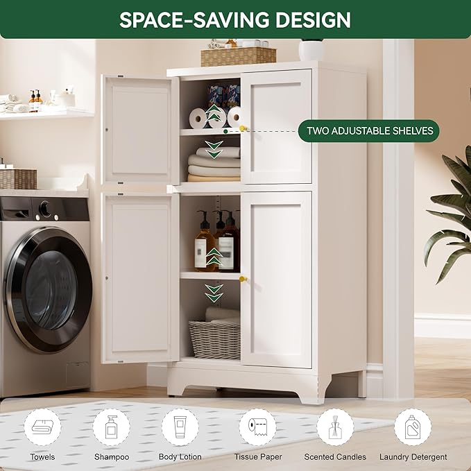 Bathroom Floor Storage Cabinet,Metal Accent Sideboard with 4 Doors and 2 Adjustable Shelves, Freestanding Bathroom Cabinets White Storage Organizer for Kitchen Pantry,Living Room,Hallway