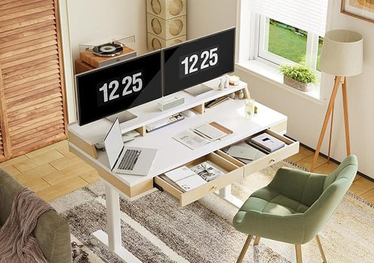 Claiks Standing Desk with Drawers, Electric Adjustable Standing Desk Adjustable Height, Sit Stand Up Desks with Storage Shelves & Wheels, 48 Inch White