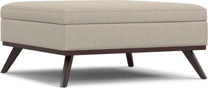 SIMPLIHOME Owen 40 inch Wide Mid Century Modern Square XL Coffee Table Storage Ottoman in Natural Polyester Fabric, Assembled, for The Living Room, Entryway and Family Room