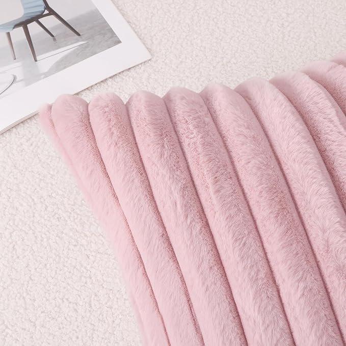 Pallene Faux Fur Plush Lumbar Throw Pillow Covers 12x20 Set of 2, Luxury Soft Fluffy Striped Decorative Pillow Covers for Sofa, Couch, Living Room, Blush Pink