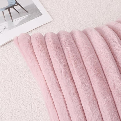 Pallene Faux Fur Plush Lumbar Throw Pillow Covers 12x20 Set of 2, Luxury Soft Fluffy Striped Decorative Pillow Covers for Sofa, Couch, Living Room, Blush Pink