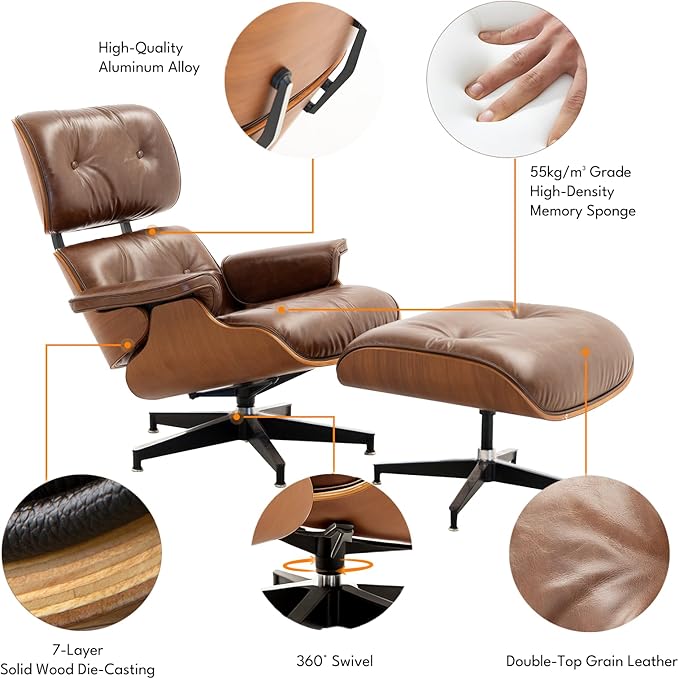 Top Grain Leather, Mid Century Chaise Lounge Chair and Ottoman, Reading Chair, Leather Accent Chair, Modern Chair, Classic Design, for Living Room Lounge Office,Retro Aged Leather, Walnut