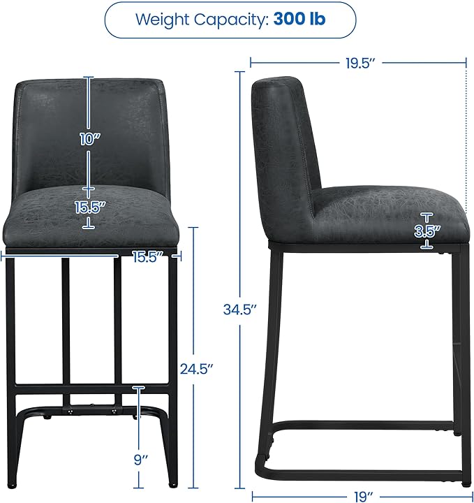 Yaheetech Bar Stools Set of 2, Counter Height Kitchen Stools 24'' Modern Leather Upholstered Bar Chairs with Back and Metal Legs for Kitchen Counter, Dark Gray