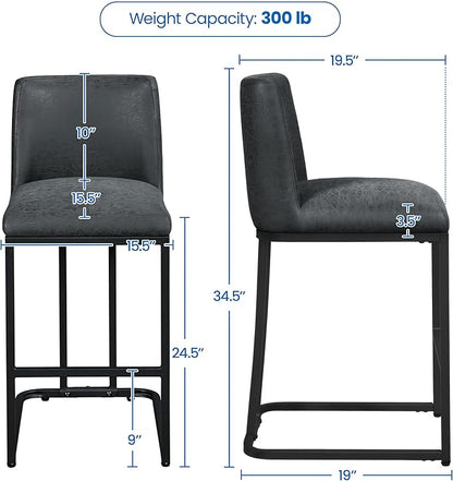 Yaheetech Bar Stools Set of 2, Counter Height Kitchen Stools 24'' Modern Leather Upholstered Bar Chairs with Back and Metal Legs for Kitchen Counter, Dark Gray