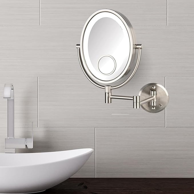 JERDON Two-Sided Wall-Mounted Makeup Mirror with Lights - Lighted Makeup Mirror with 10X Magnification & Wall-Mount Arm - Oval Mirror with Nickel Finish Wall Mount - Model HL9515NL