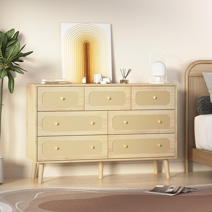Rattan Dresser for Bedroom, 7 Drawer Rattan Dresser with Gold Handles, Boho Wood Dressers & Chest of Drawers for Bedroom