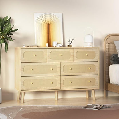 Rattan Dresser for Bedroom, 7 Drawer Rattan Dresser with Gold Handles, Boho Wood Dressers & Chest of Drawers for Bedroom