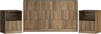 3-Piece Modern Bedroom Furniture Set, Wide 7-Drawer Dresser & 1-Drawer Nightstands Set of 2, Natural Wood Dresser and Nightstand Sets for Bedroom, Hallway, Walnut