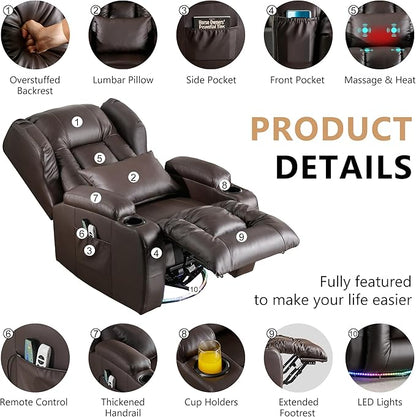 Power Swivel Rocker Recliner Chairs, Electric Wall Hugger Reclining Sofa with Massage & Heat, Comfy Theater Seating Single Chair with LED Light/USB/Type-C Ports (Leather Brown, Set of 2)