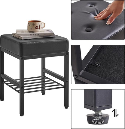 IBUYKE Square Makeup Stool with Adjustable Feet and Storage Space, Footrest Chair, PU Vanity Seat, Multi-Use as Small Side Table or Ottoman, for Bedroom, Black LG-60B