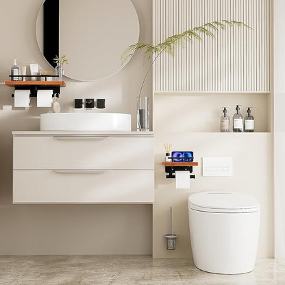 Toilet Paper Holder with Wood Shelf, Wall Mount Toilet Paper Roll Holder with Wooden Shelf and Matte Black Stainless Steel Pipe, Tissue Roll Holder for Bathroom Washroom (Dark Brown, 7.9'' x 5.9'')